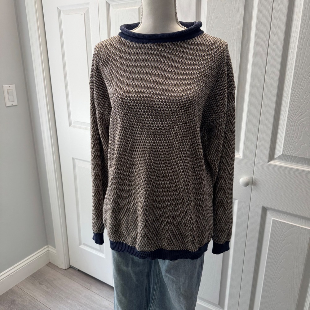 Vintage Ann Taylor Cotton Birds Eye Knit Sweater Navy Tan Roll Neck Pullover M